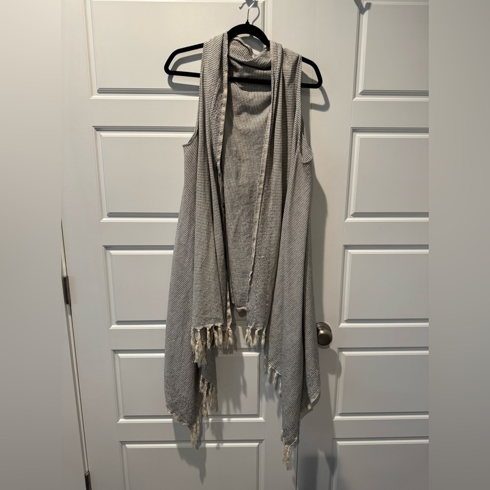World Market fringe knit shrug poncho vest in gray and beige Waterfall Size OS